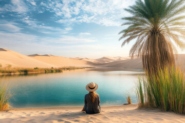 Fototapeta premium A traveler experiencing the tranquility of a desert oasis