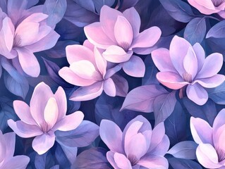 Fototapeta premium Pastel magnolia blossoms, lush garden, spring bloom, nature background, textile print