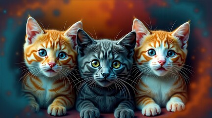 Fantasy-inspired kittens in a mesmerizing mix of natural and surreal hues, creating a unique, captivating visual experience for cat lovers
