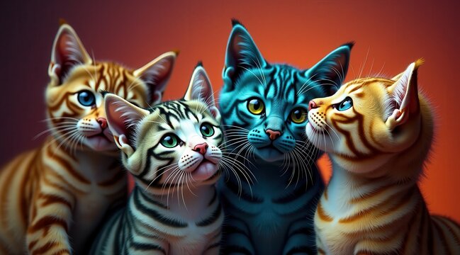 Beautifully illustrated cats with striking vibrantly colors, bringing a magical and artistic twist to feline photography