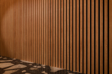 Advertising template, tropical hardwood acoustic panel. Cherry red. Angled shot