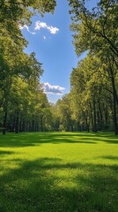 Obraz premium Lush Green Meadow Surrounded by Trees on a Sunny Day in a Serene Park