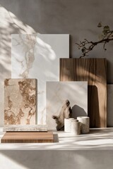 Natural stone and wood samples displayed indoors, sunlight filtering through