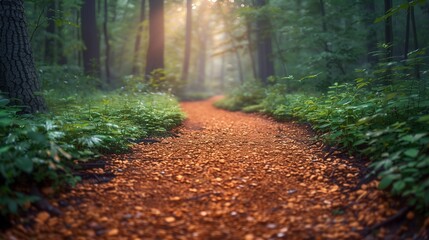 Obraz premium A winding path through a lush green forest bathed in soft sunlight with fallen leaves creating a tranquil and mystical atmosphere