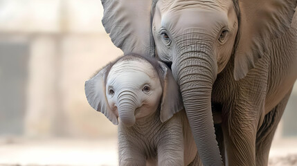 Mother elephant and calf, zoo enclosure, blurred background, wildlife conservation