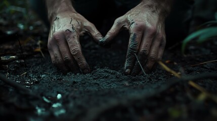 Muddy Hands Forming Heart Symbol In Ground Dark And Mysterious Scene With Dramatic Light