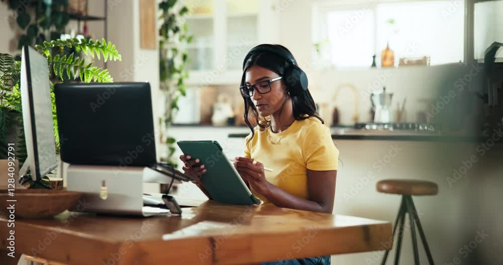Poster Tablet, coder and computer with woman at home for freelance developer, gaming programmer and research. Gameplay database, character design and remote software engineer with person and headphones