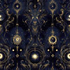 Cosmic baroque pattern; gold, dark blue, celestial motif; design, wallpaper . seamless pattern. repeating pattern.