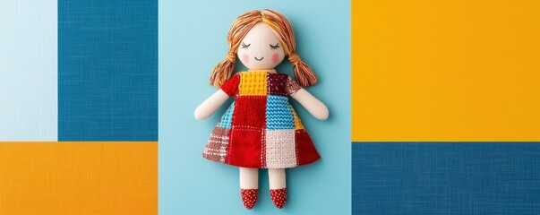 A handmade doll with a patchwork dress and braided hair, set against a vibrant background of blue and yellow hues.
