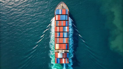 Aerial view of cargo container ship sailing through turquoise waters, leaving trail behind