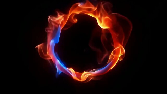 Epic flaming logo reveal with a striking ring of ice and fire flame effect round. A dynamic circular fire frame blends hot red and cool blue flames in a mesmerizing, ever-moving circle animation.