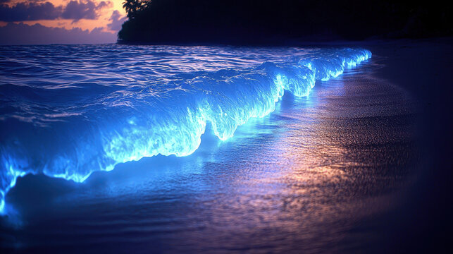 Glowing blue bioluminescent waves create a mystical atmosphere on Vaadhoo Island, Maldives at dusk