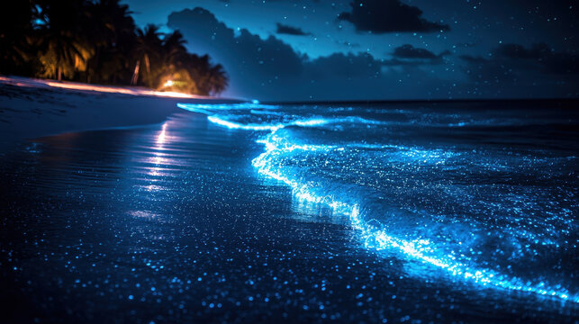 Glowing blue bioluminescent waves create a mystical ambiance on Vaadhoo Island, Maldives during a serene night with dark sand