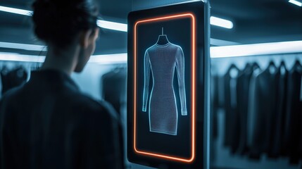 e-commerce growth and logistics concept. A person observes a digital display of a dress in a modern retail environment.