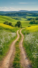 Scenic Dirt Path Winding Through Lush Green Hills and Vibrant Wildflowers on a Sunny Day