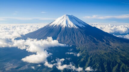 Aerial view of majestic snow-capped mountain peak, surrounded by clouds and lush landscape. Possible use for nature, travel, or scenic wallpaper