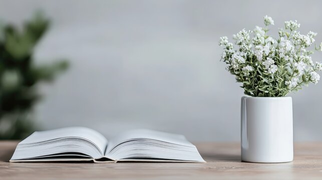 Open book, white flowers in vase, neutral background, for study or inspiration image, desktop