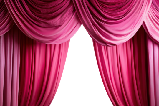 A bright and vibrant pink and red stage curtain with a sophisticated arch entrance, capturing the essence of a dramatic theater setting with rich textures and flowing fabric