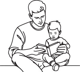 Heartwarming Line Drawing of Father Reading to Son