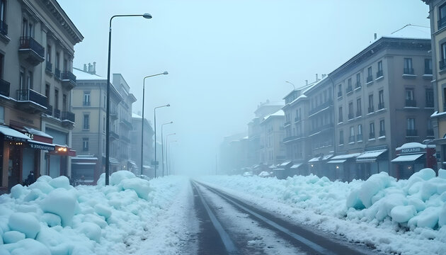 Calle de una ciudad llena de nieve. Ambiente de niebla y mucho fr&iacute;o