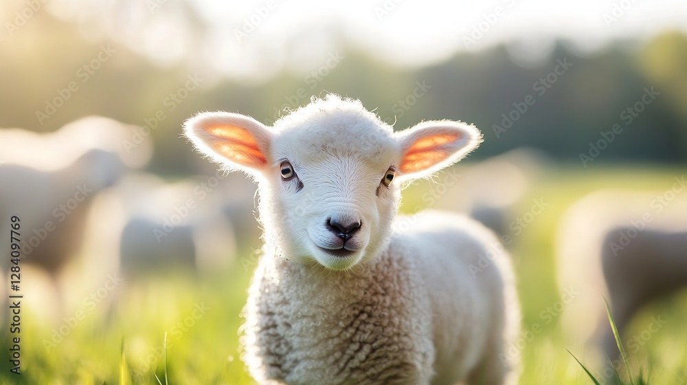 Poster adorable young lamb grazing in a sunlit meadow surrounded by other sheep in the background : generat