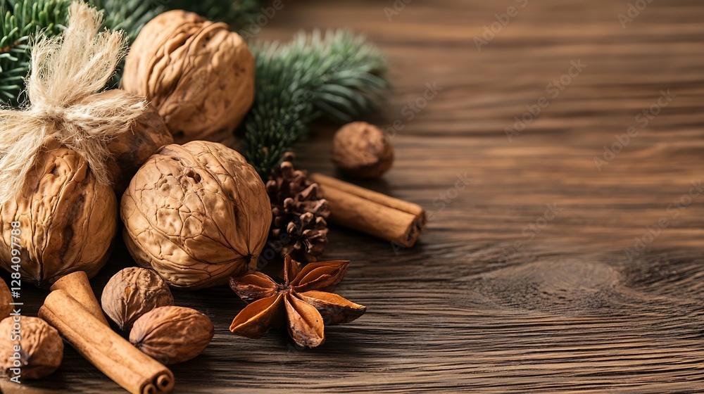Aufkleber natural still life composition of nuts and spices arranged beautifully on a wooden table : generativ