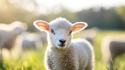 Fototapeta premium Adorable Young Lamb Grazing in a Sunlit Meadow Surrounded by Other Sheep in the Background : Generative AI