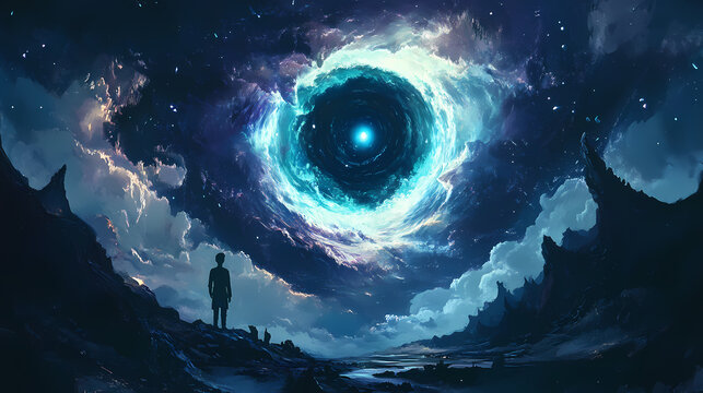 Man gazing at a large eye in the sky while a dark anime scientist opens a rift to another dimension in a surreal and imaginative scene. Dark Portal Between Dimensions. Illustration