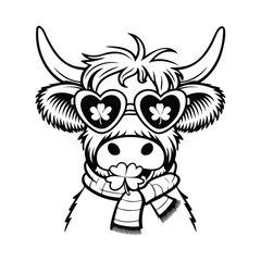 Black and White Cool Cow: Highland Style with Shamrock Shades Illustration