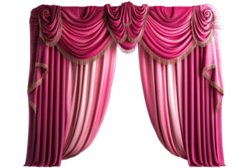 A bright and vibrant pink and red stage curtain with a sophisticated arch entrance, capturing the essence of a dramatic theater setting with rich textures and flowing fabric