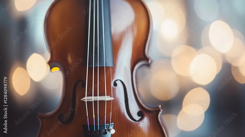 Aufkleber close up of a beautifully crafted wooden violin with vibrant bokeh background showcasing artistic de