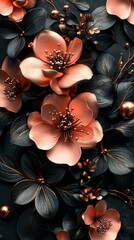 Elegant floral composition with metallic gold and copper flowers on dark background, luxurious botanical design with detailed petals and leaves
