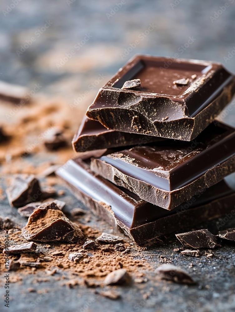 Poster rich dark chocolate pieces with crumbs scattered on a textured surface : generative ai
