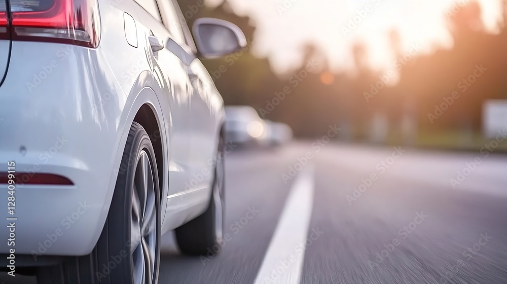 Poster sleek modern car driving along busy road at sunset with blurred background capturing dynamic motion 