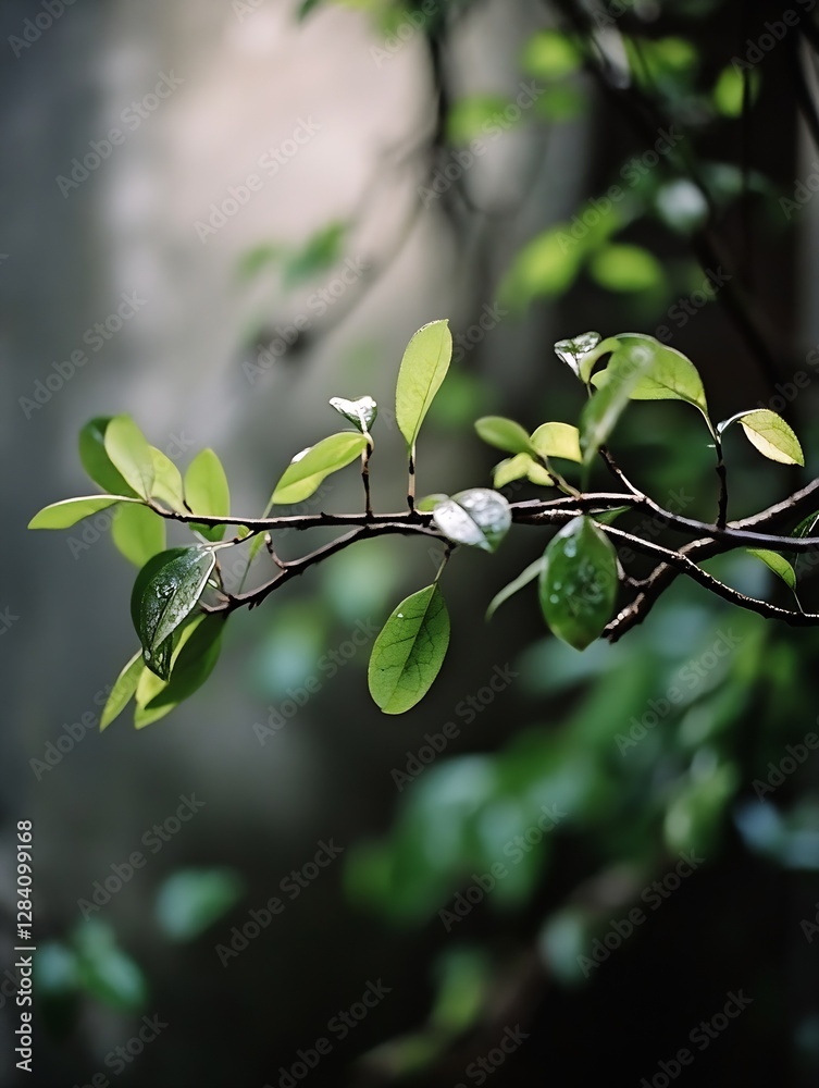 Poster lush green leaves with raindrops illuminated by soft natural light : generative ai