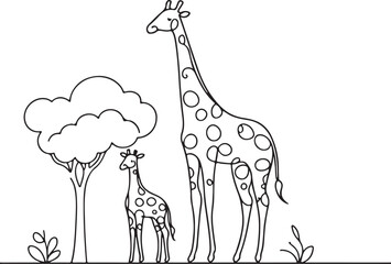 Elegant Line Drawing of Giraffe and Baby © Tani Ji
