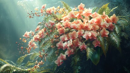 Blooming orchids and ferns in a serene forest setting nature photography peaceful environment vibrant colors