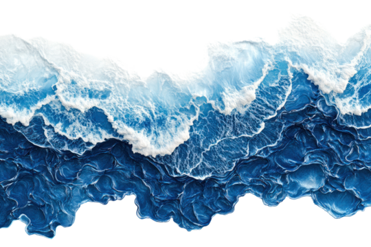 A close-up aerial shot of deep blue ocean waves gently rolling towards the sandy coast, creating patterns of foamy edges as the waves meet the shore.