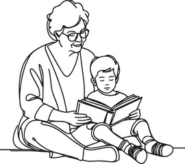 Grandmother and Grandson Storytime Captured in Line Art