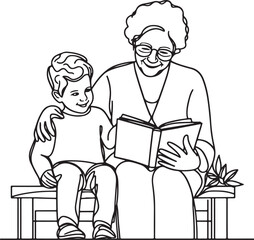 Grandmother and Grandson Storytime Captured in Line Art
