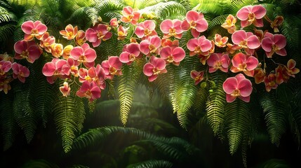 Vibrant orchid blooming amidst lush ferns enchanting nature scene tropical environment close-up view
