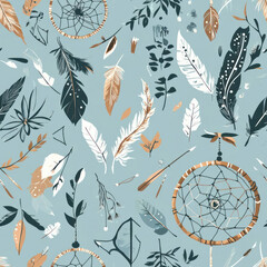 Dreamcatchers, feathers, plants, teal background; textile design