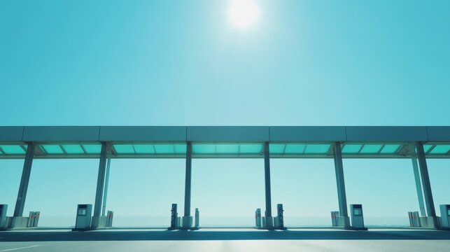 Toll booth on a sunny highway with a clear blue sky. Featuring ease of travel and quick transactions