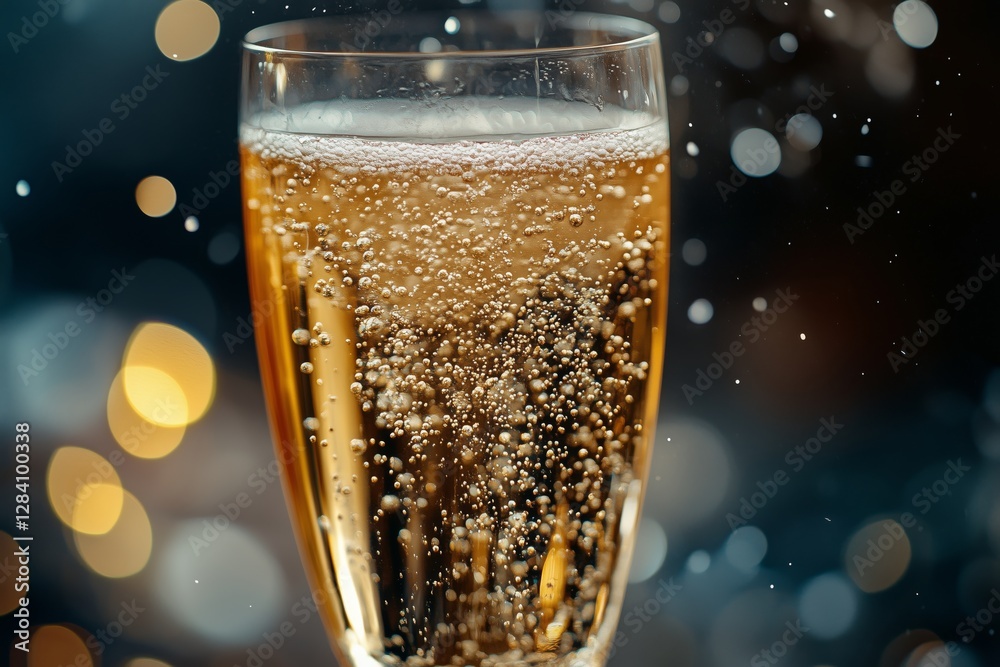 Sticker Bubbles Rising in a Glass of Sparkling Drink During a Celebration at Night