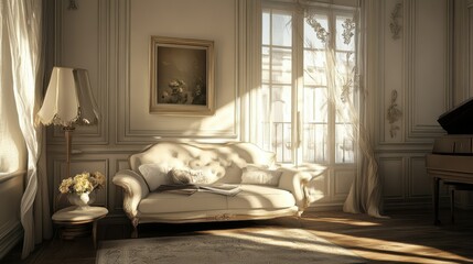 Elegant sunlit living room with vintage sofa and floral decor