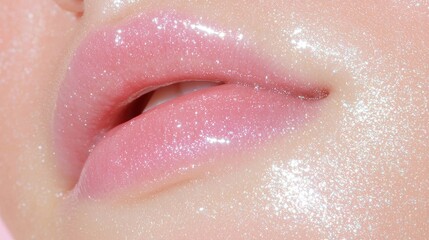 Fototapeta premium Close-up of a woman's lips wearing shiny pink glittery lip gloss under bright studio lighting.