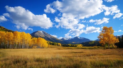 Vast autumn landscape featuring golden trees and snow capped mountains under a bright blue sky with fluffy clouds : Generative AI