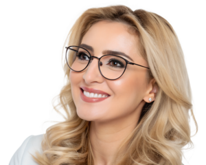 A portrait of an Arab woman wearing a hijab and glasses.