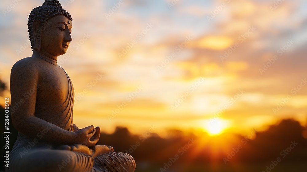 Poster Elegant statue of a serene Buddha figure surrounded by a warm sunset glow in a tranquil setting : Generative AI