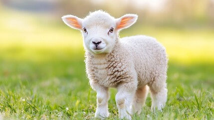 Obraz premium Cute fluffy baby lamb standing on green grass with a cheerful expression in a sunny outdoor setting : Generative AI